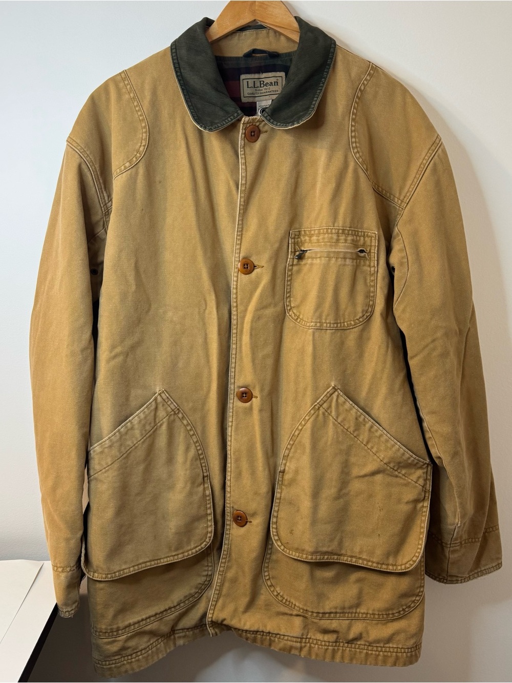 L.L. Bean Vintage tan Canvas green Field Jacket Plaid Lined Men’s XL stained